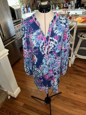 Lilly Pulitzer Navy Midi Dress with Pink & Aqua Floral Print